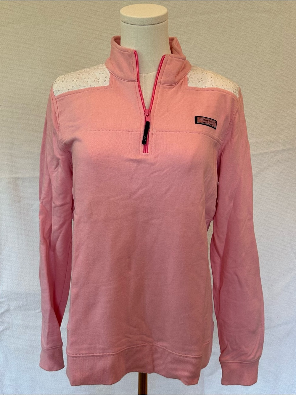 Vineyard Vines Pink Half-Zip Pullover with White Eyelet Shoulders